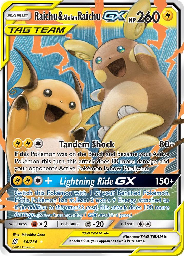 Raichu & Alolan Raichu-GX - 54/236 - Rare Holo GX (Inglés Foil NM)