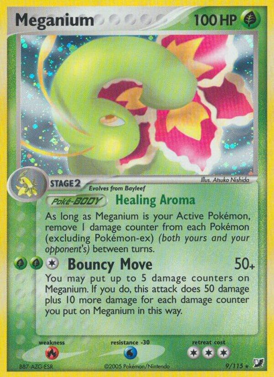 Meganium - 9/115 - Rare Holo (Inglés Reverse Holo DMG)