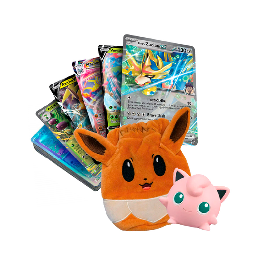 Lote de 25 Cartas Foil + 5 Cartas EX/V + Bolsito Eevee + Bandai kid